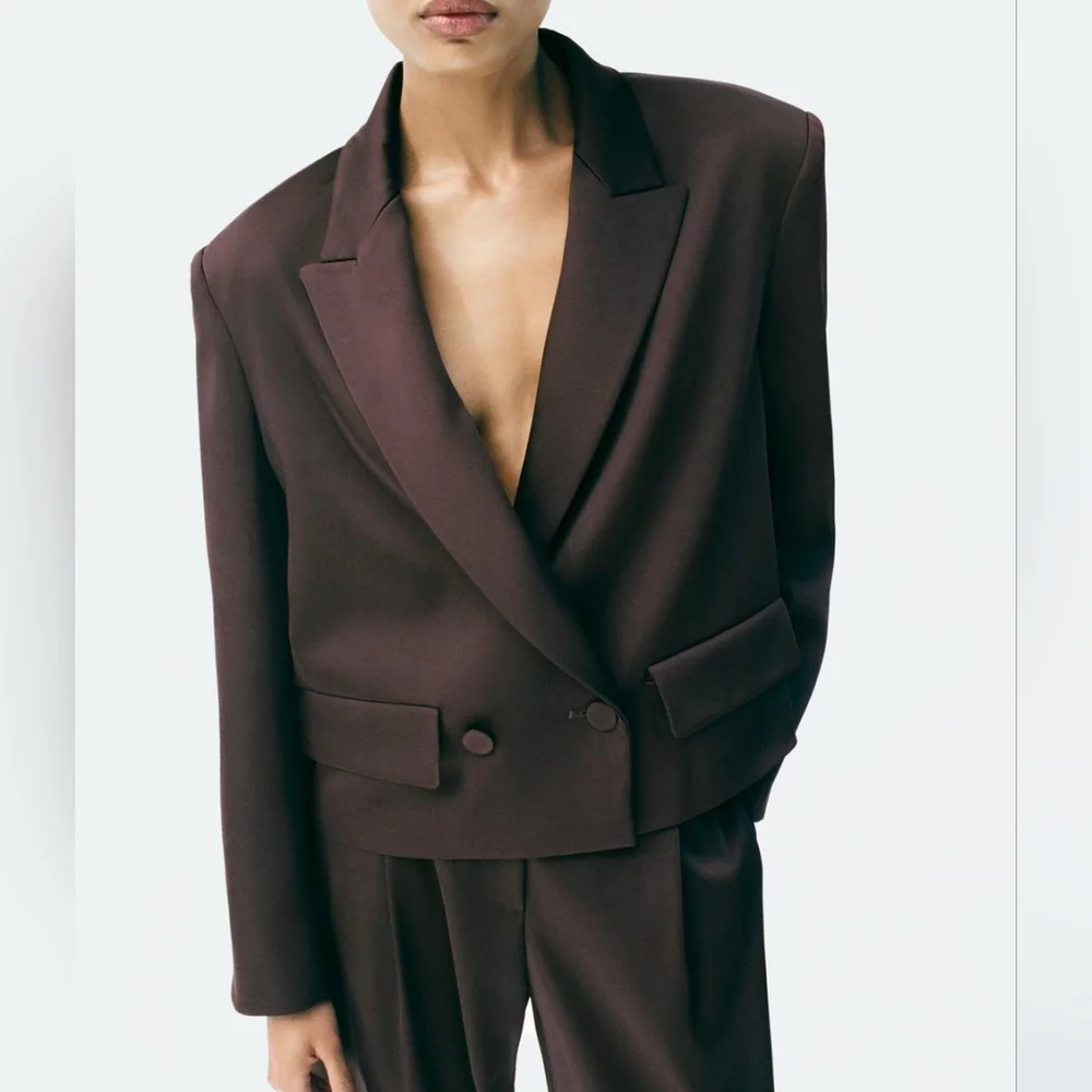 Zara Satin Double Breasted Cropped Blazer Jacket Brown Size XL